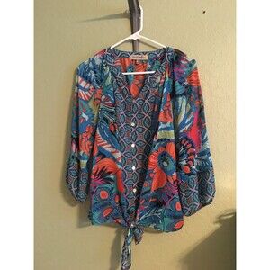 Figueroa & Flower Size Small S  Boho Front Tie Floral Sheer Blouse
